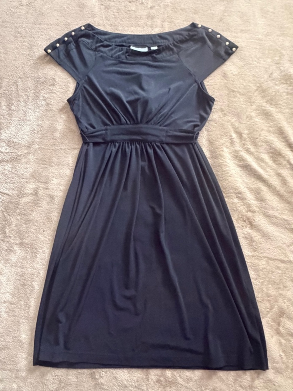 New York & Company Black Midi Dress with Stud-Embellished Cap Sleeves